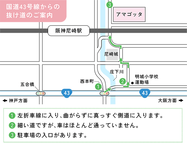 国道43号線からの抜け道のご案内